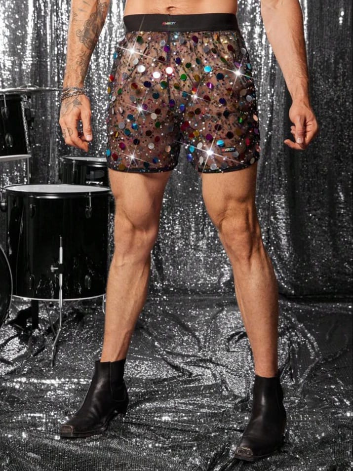 Uptown Funky Sequin Embellished Sheer Mesh Men's Sexy Shorts